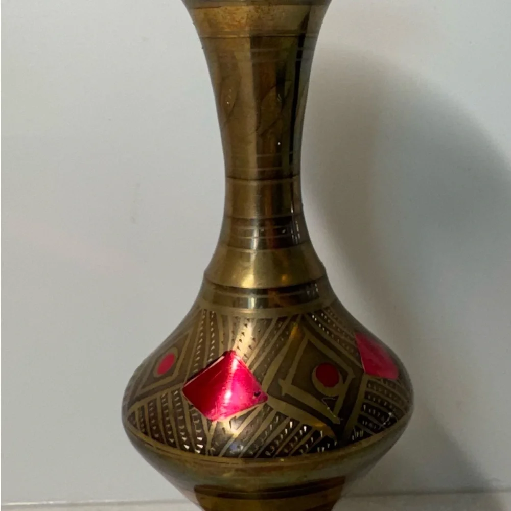 Brass Decorative Vase with Red Inlay - Home Accents